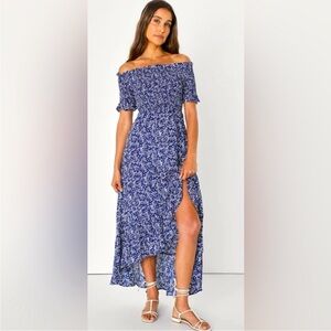 Lulu's Fleur-tation Navy Blue Floral Print
Off-the-Shoulder Midi Dress Womens M